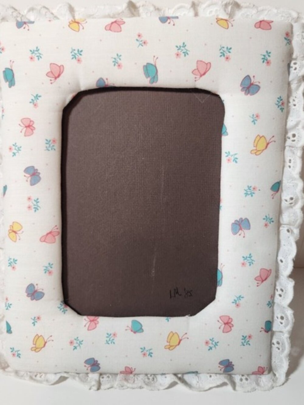 Vintage 1985 Handmade Fabric Butterfly Picture Frame Eyelet Lace Trim Cottage